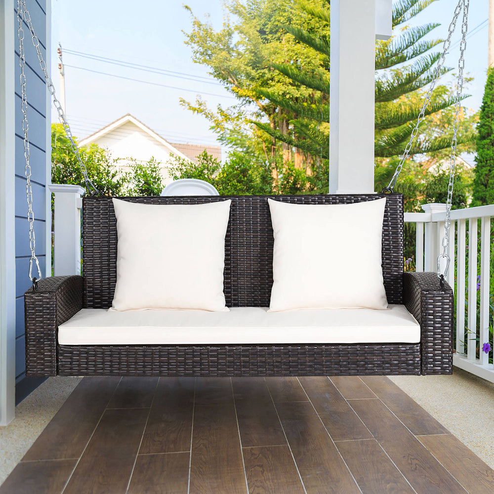 Costway 2-Person Patio Rattan Hanging Porch Swing Bench Chair Beige Cushion