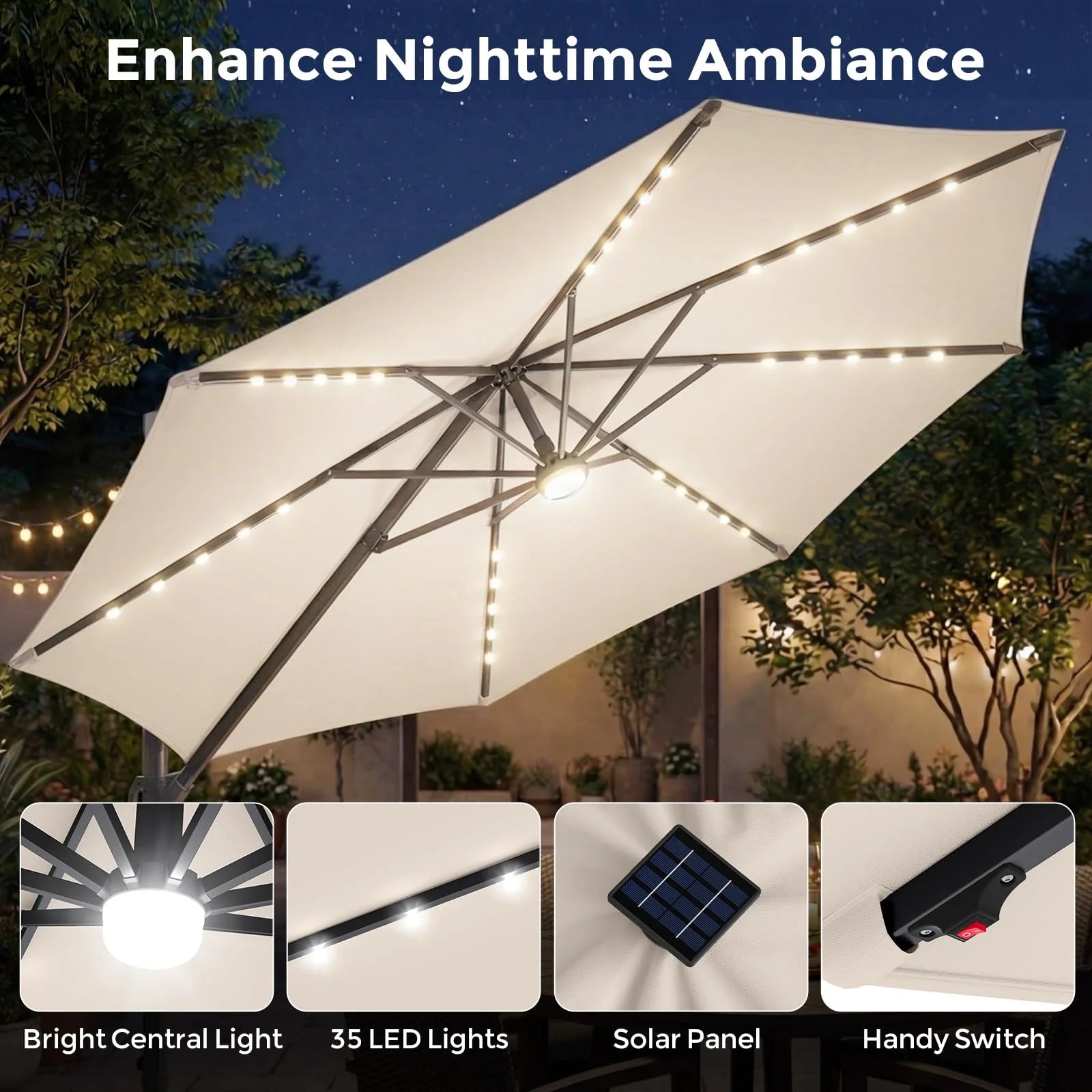 Tangkula 10ft Patio Umbrella 35 LED Lights Aluminum Pole 360 Degree Rotation