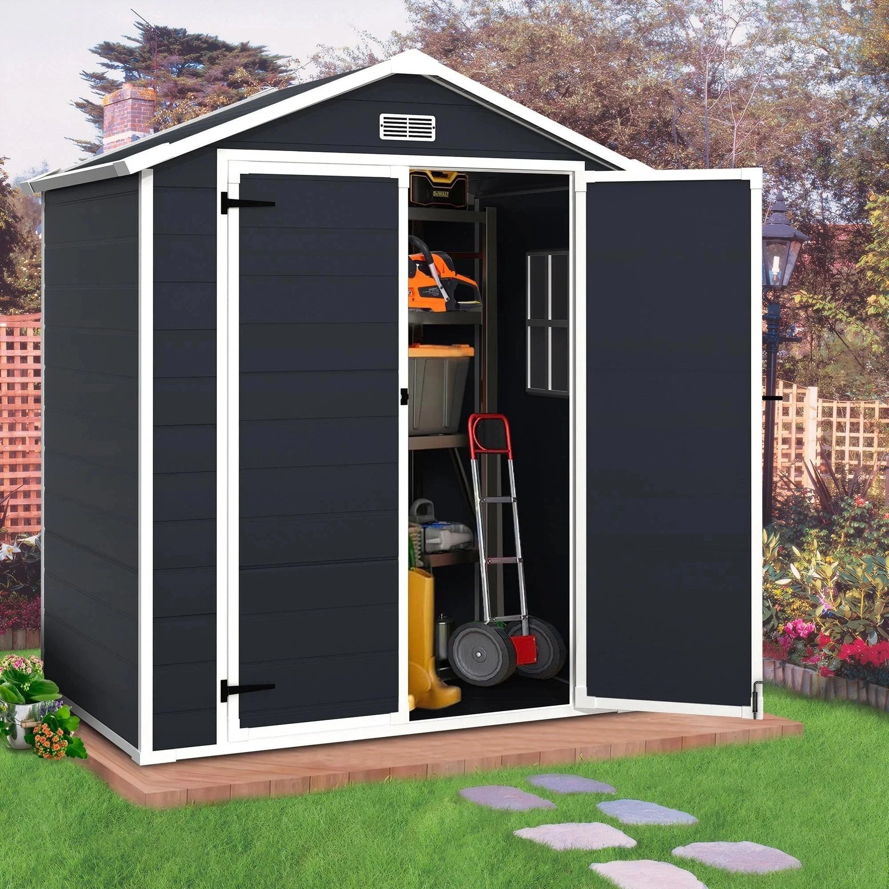 Enyopro 306gal Outdoor Storage Shed, Horizontal Resin Shed, Resistant Tool Plastic Shed for Storage of Bike/Garbage Cans/Garden Tools/Lawn Mowers