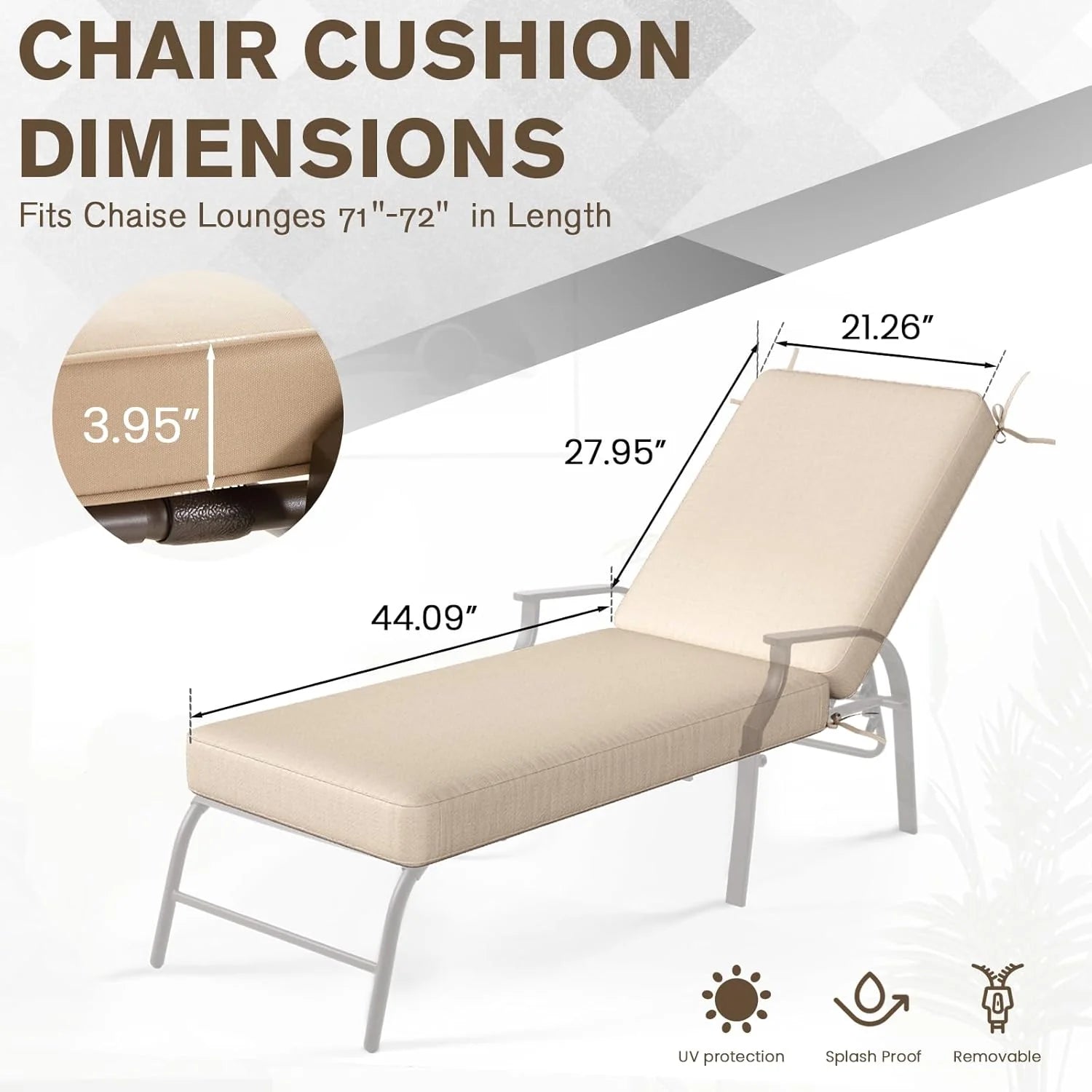 AECOJOY Chaise Lounge Cushions Outdoor Set of 2, 72x21x3 Inch Lounge Chair Cushion, Fade Resistant Patio Sun Lounger Replacement