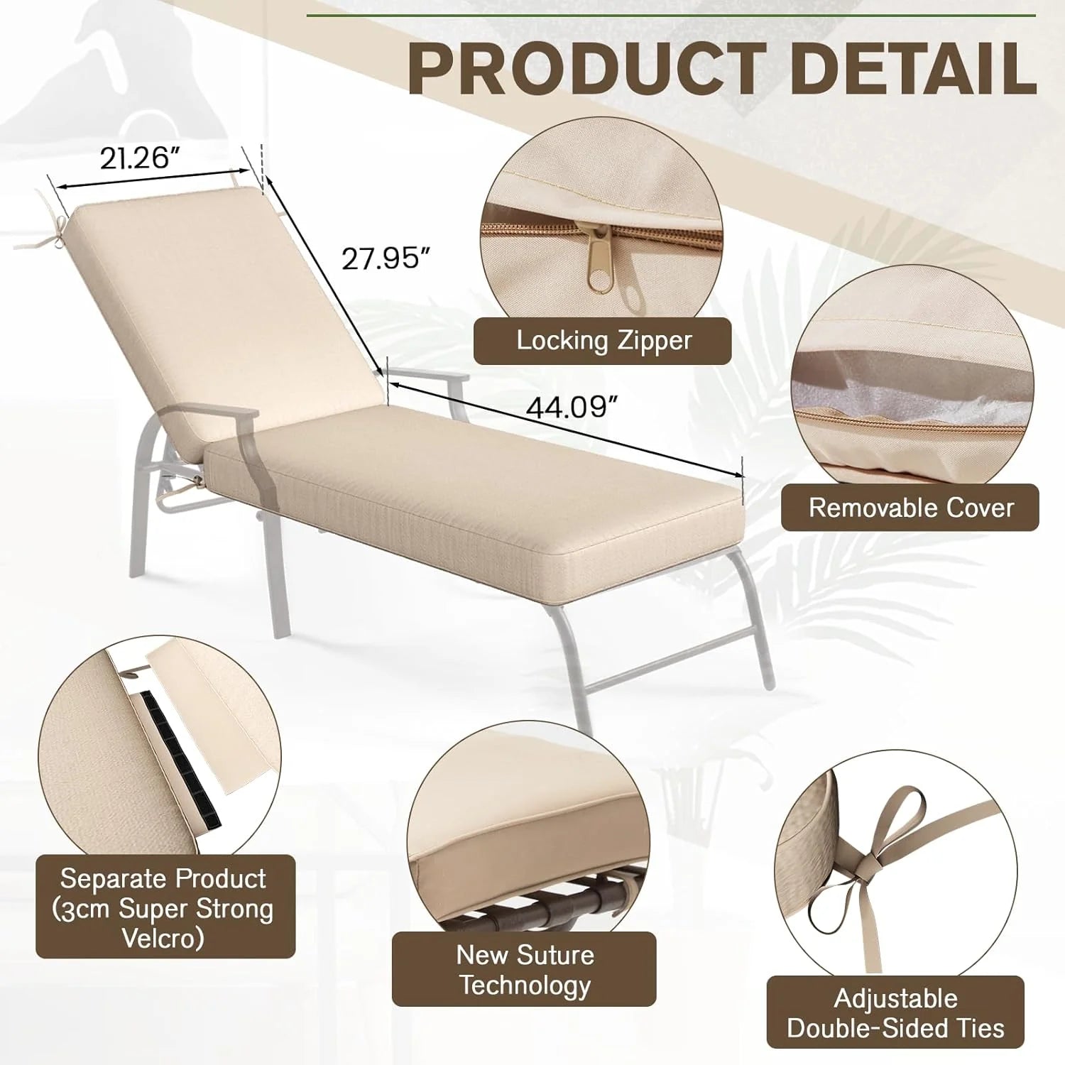 AECOJOY Chaise Lounge Cushions Outdoor Set of 2, 72x21x3 Inch Lounge Chair Cushion, Fade Resistant Patio Sun Lounger Replacement
