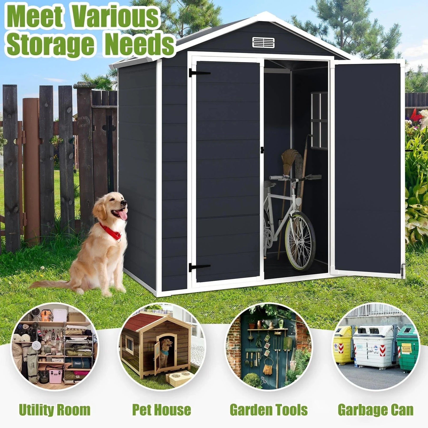 Enyopro 306gal Outdoor Storage Shed, Horizontal Resin Shed, Resistant Tool Plastic Shed for Storage of Bike/Garbage Cans/Garden Tools/Lawn Mowers