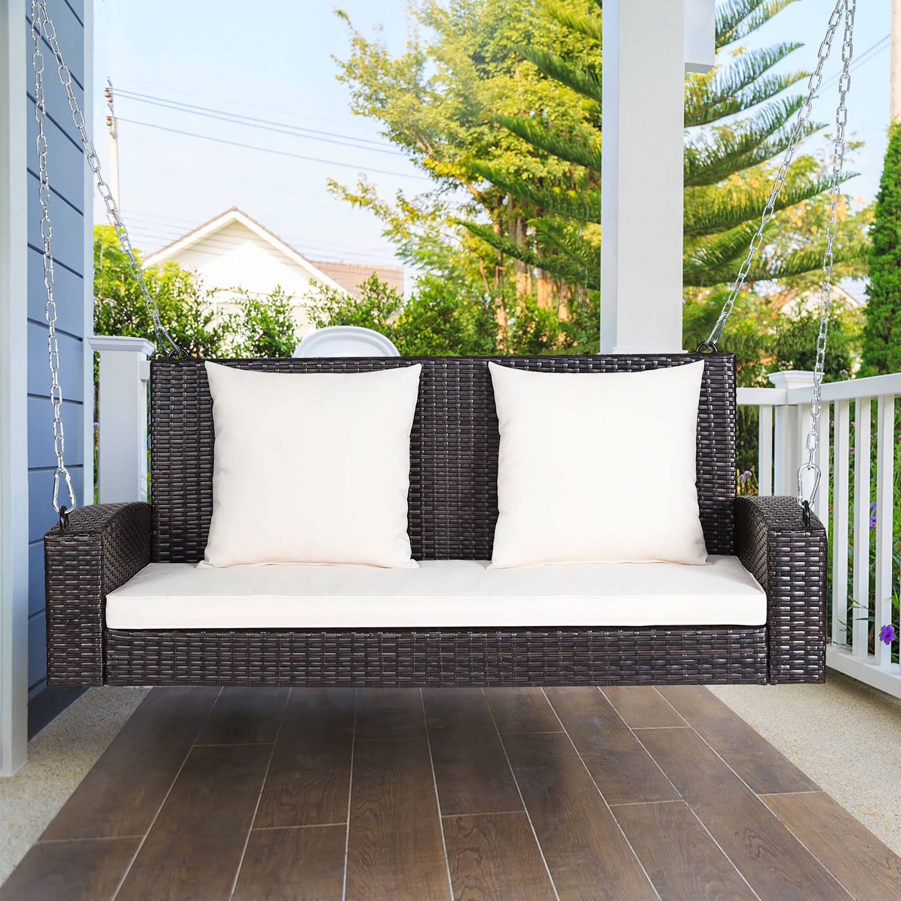 Costway 2-Person Patio Rattan Hanging Porch Swing Bench Chair Beige Cushion